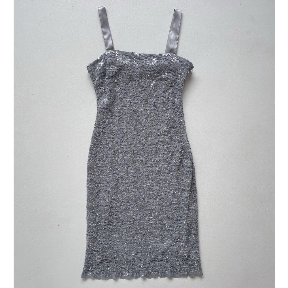 Vtg 90s Gray Daisy Patterned Lace Sleeveless Bodycon Dress / 10 Glam Formal Prom